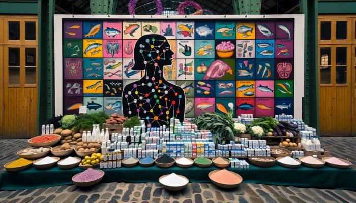A UK market stall showcasing iodine-rich foods like seaweed, fish, dairy, and fortified salt, with a chart on dietary sources and supplementation for thyroid health.