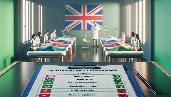 A UK acupuncture clinic scene with diverse patients, insurance documents, and a health insurer's logo.