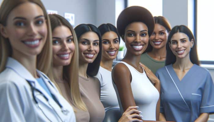 Diverse group of low-income women at NHS dental clinic, receiving affordable dental care.