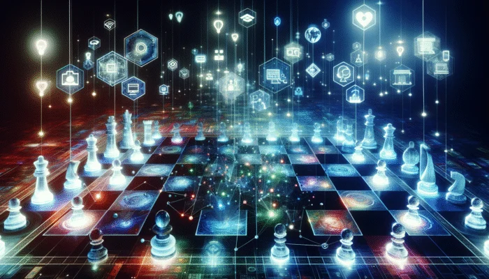 Chessboard with digital assets like websites and social media icons linked in a futuristic setting.