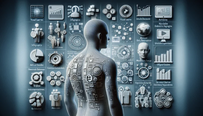 A person choosing between infographics, videos, and articles, with icons for visual learners and complex data.