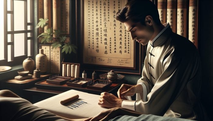 Acupuncturist in traditional attire placing needles, with ancient scrolls and BAcC certification.