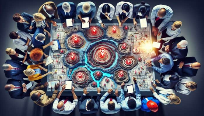 Geologists and engineers plotting sinkhole risk zones on a map with safety equipment and digital tablets.