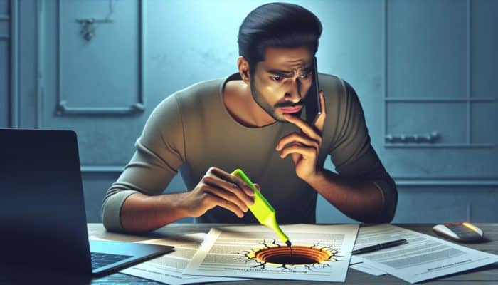 Person reviewing insurance policy for sinkhole damage coverage, looking concerned at desk with laptop and phone.