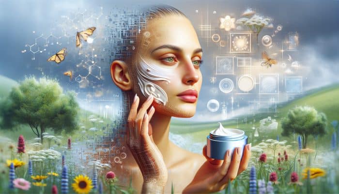 A woman applying moisturiser with shea butter and natural oils in a UK garden under a cloudy sky.