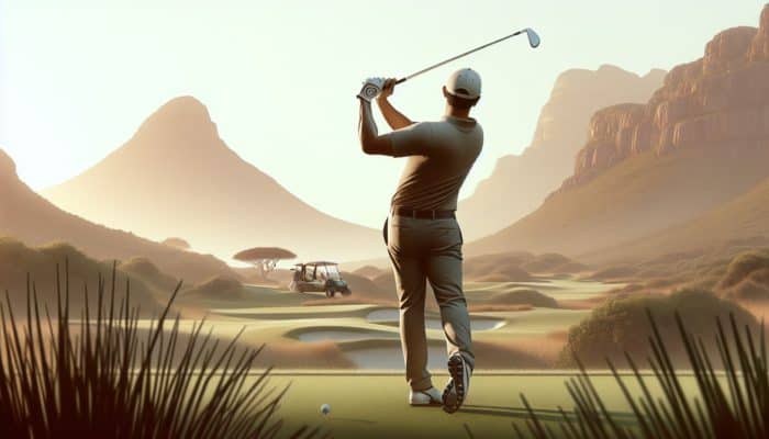 Golfer at Leopard Creek, South Africa, at backswing peak, club aimed at target, slightly closed clubface, relaxed yet hinged wrists.