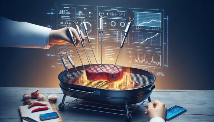 BBQ data tracker installed on a modern grill, probes in steak, wires safely arranged.