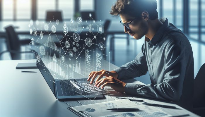 Person using laptop calculator, viewing debt repayment graphs and charts in a modern office.