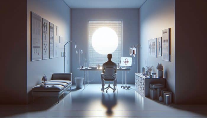 Person in Dundee preparing for liver blood test, fasting and avoiding alcohol, in a minimalist medical room with early morning clock.