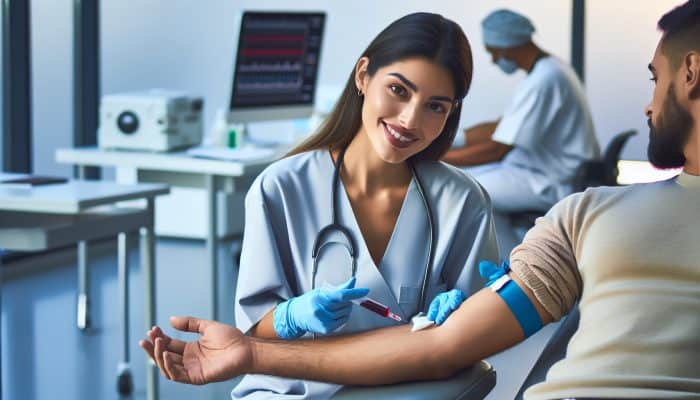 A healthcare professional in Dundee drawing blood from a patient's arm in a medical facility.