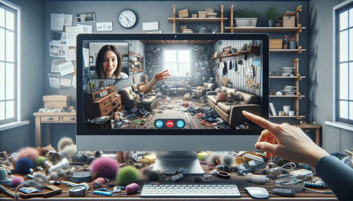 A digital platform showing a virtual home tour with a homeowner on a video call, guiding through a cluttered room.