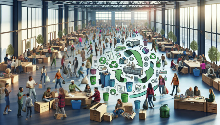 A vibrant UK community center with people donating and reusing items, promoting sustainability and waste reduction.