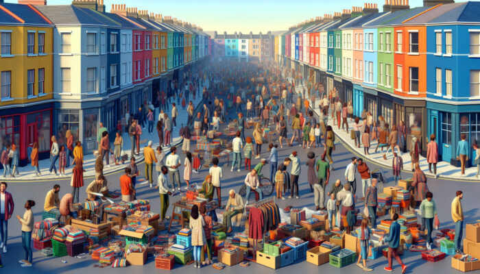 A vibrant UK community event where people exchange clothes and appliances, promoting sustainability and sharing.