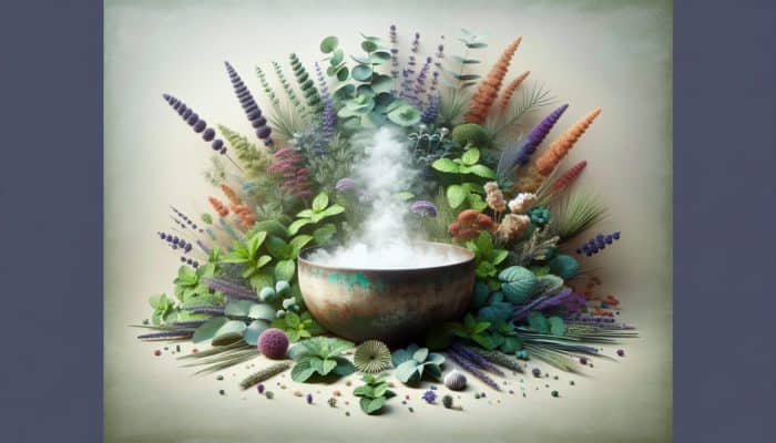 A serene spa scene with eucalyptus, mint, and lavender around a steaming bowl for inhalation.