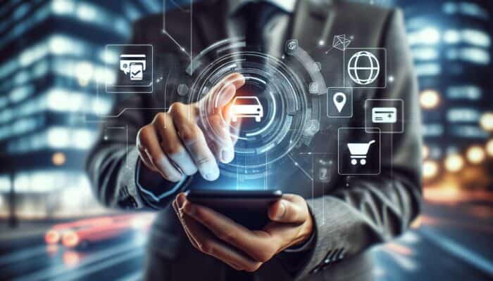 Young person booking car rental on smartphone, showing debit card, mobile app, and cryptocurrency payment options.