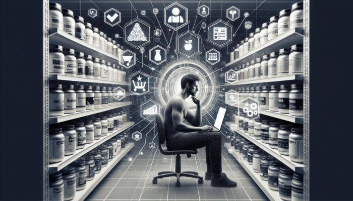 Consumer reading user reviews on laptop, deciding on protein powder, surrounded by floating reviews.