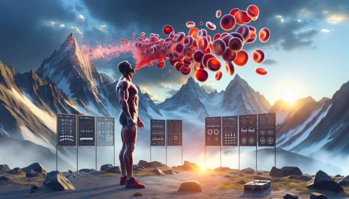 Athlete at high altitude, breathing deeply, with iron-enriched red blood cells, at sunrise.