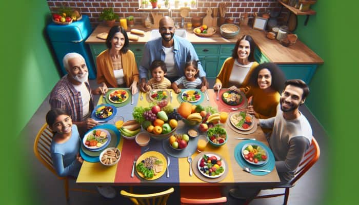 Colorful kitchen table with allergy-safe dishes, happy diverse family enjoying meal.