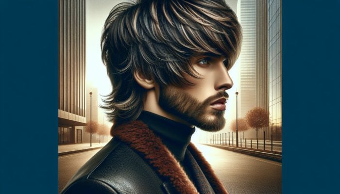 Person with modern 90s shag haircut, subtle highlights, and textured layers, showcasing personal style against urban backdrop.