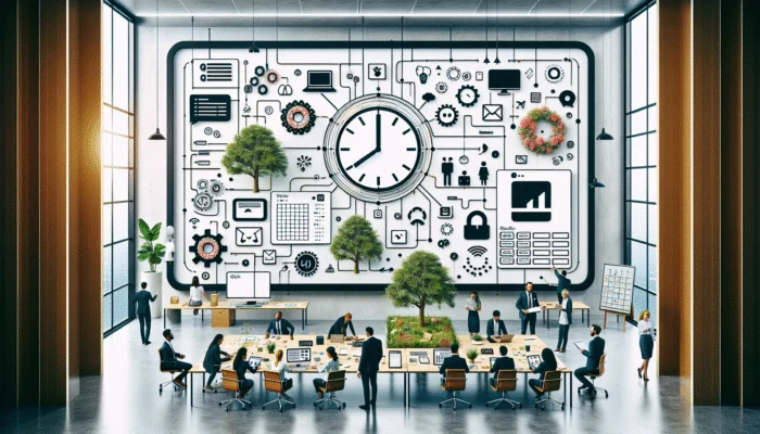 A team in a modern office plans a content calendar on a digital screen, using Trello and Google Sheets.