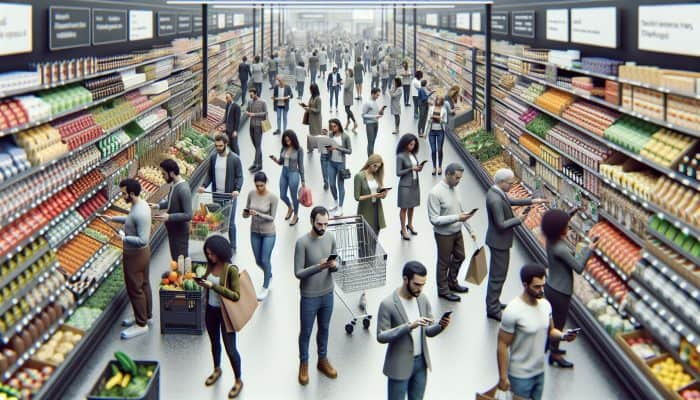 UK supermarket shoppers using a modern app on smartphones to scan items and manage shopping lists.