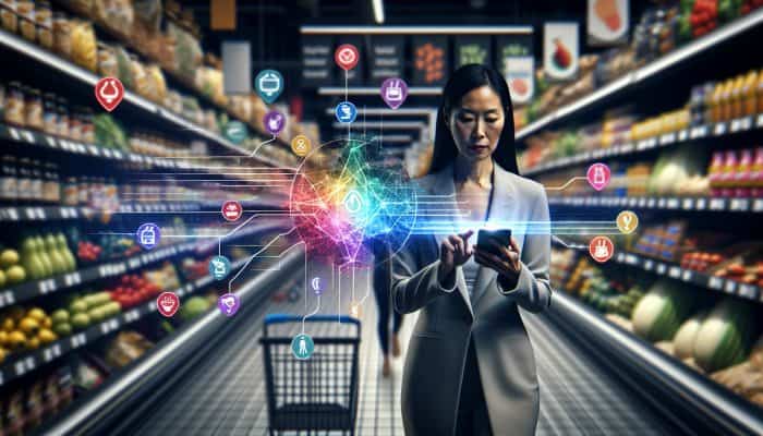 A shopper using a smartphone app to navigate a supermarket, with map and item location markers.