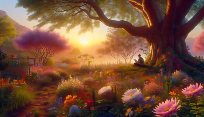 A person journaling in a serene garden under a tree, surrounded by blooming flowers, in warm light.