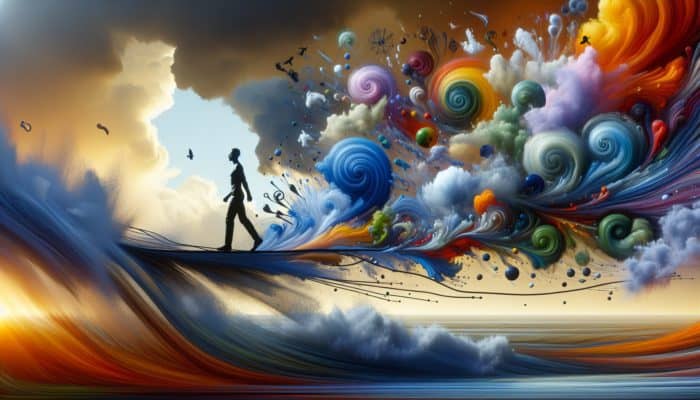 Person standing resiliently in a storm, surrounded by colorful abstract shapes representing emotions, symbolizing inner peace.