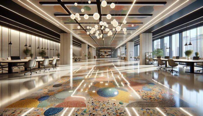 A vibrant, seamless epoxy terrazzo floor in a modern UK office with intricate patterns and colorful designs.