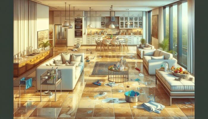 Sealed travertine floors and countertops in a clean, bright home, easily maintained with mild detergent and water.