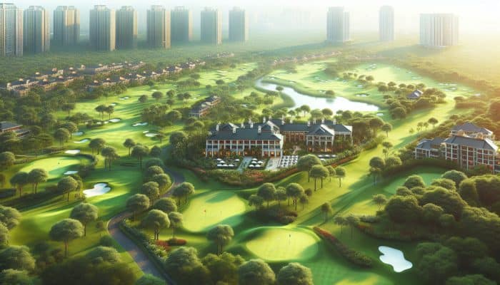 Aerial view of lush fairways and manicured greens at Victoria Country Club, with elegant clubhouses.