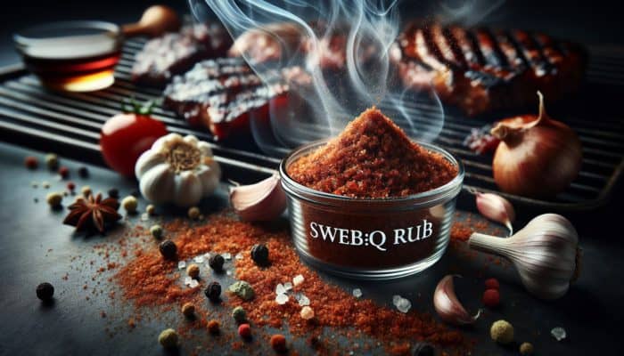 A close-up of sweet BBQ rub with garlic powder, enhancing flavor, beside grilled meats.