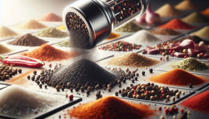 Freshly ground black pepper enhancing BBQ rub, showing varying heat levels, with grilling spices.