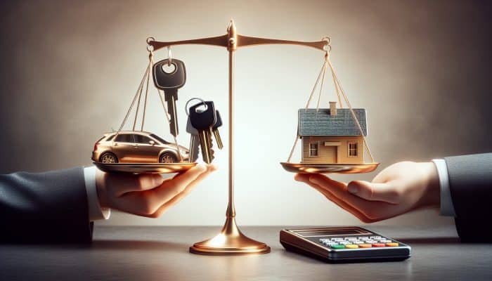 A person balancing house and car keys against credit cards, deciding on secured vs. unsecured loans.