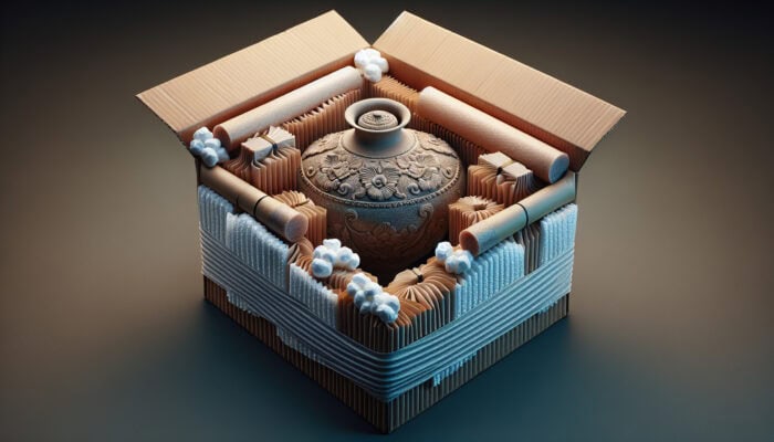 A delicate ceramic vase wrapped in acid-free packing paper, cushioned with bubble wrap and foam peanuts in a cardboard box.