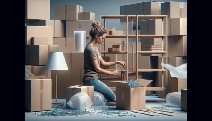 Person disassembling lamp and shelving unit, organizing parts into labeled bags, wrapping in bubble wrap.