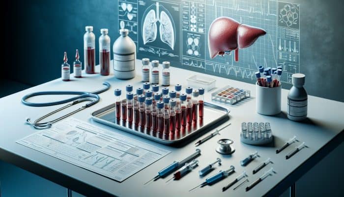 Medical setup with blood vials, liver diagram, and tools for liver blood test.