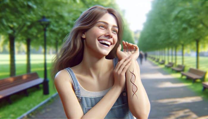 Person walking in a park, smiling, with a healing bruise on arm, post-liver blood test recovery.