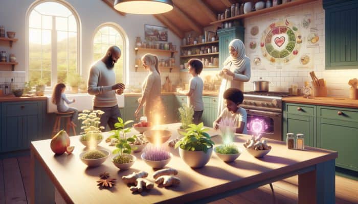 A family in a UK kitchen selecting herbs like chamomile, peppermint, ginger, and garlic for their medicinal properties.