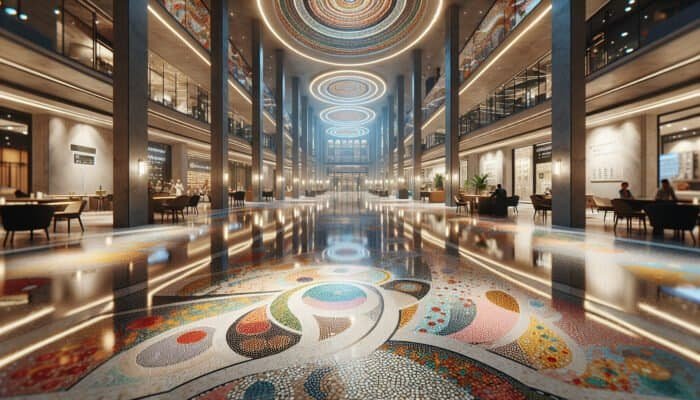 Polished terrazzo floor in London commercial space, reflecting light, vibrant colors, intricate patterns, chic atmosphere.