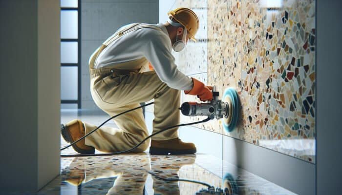 A worker polishing terrazzo tiles to a high gloss in a modern, well-lit room.