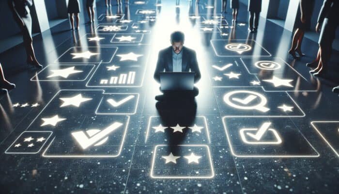 Person reading reviews on laptop, surrounded by reflective terrazzo tiles, with satisfaction icons.