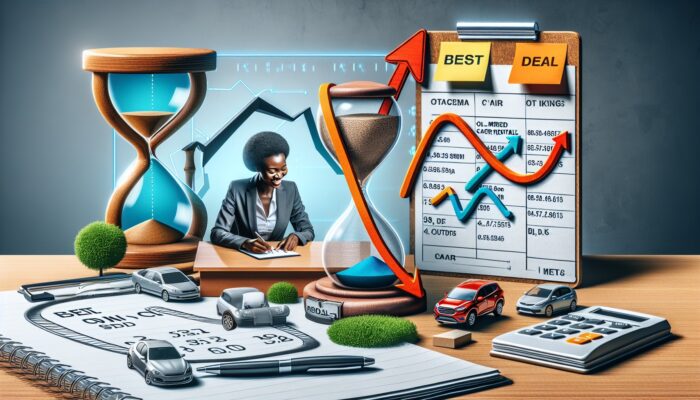 Person booking rental car online, clock and calendar showing best deal times, car options, price trend graph.