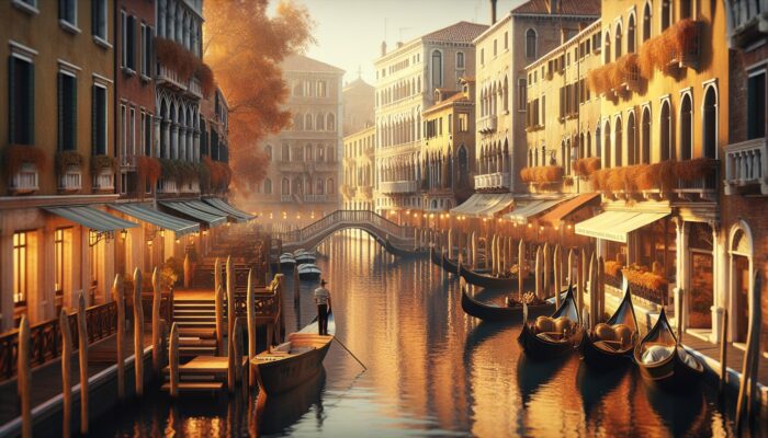 A serene Venice canal in autumn with fewer tourists, illustrating shoulder season travel benefits.