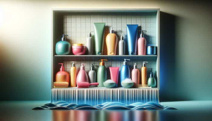 A vibrant array of moisture-rich hair products on a modern bathroom shelf, enhancing hair health.