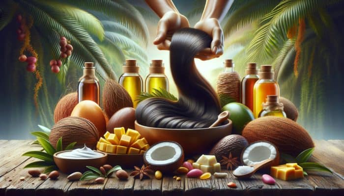 Natural oils and butters like argan, jojoba, coconut, shea, and mango moisturizing various hair types.