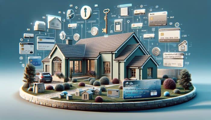 A modern UK home with a key symbolizing equity, surrounded by debt icons merging into a single, lower-interest loan document.