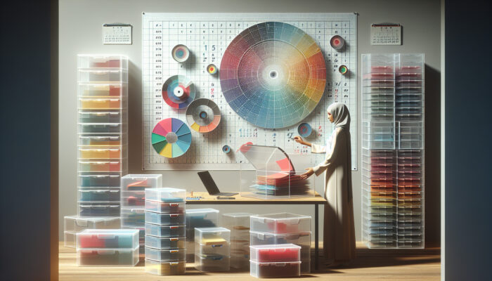 A person organizing colorful files at a minimalist workspace with labeled storage boxes and a detailed calendar.