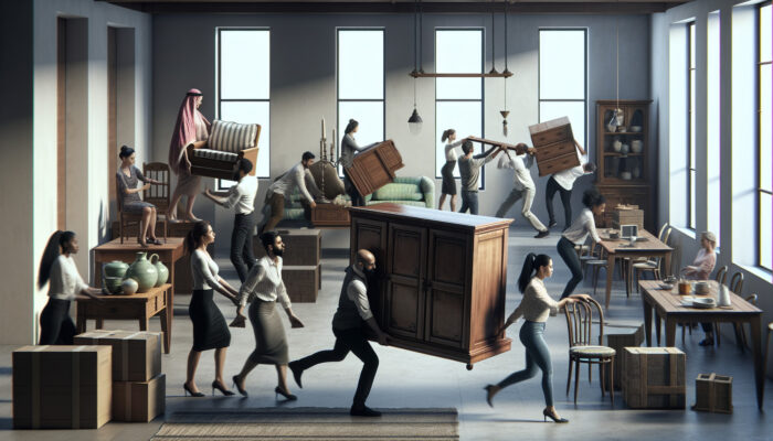 A group efficiently clearing a cluttered house, focusing on heavy items first, demonstrating teamwork and strategic resource use.