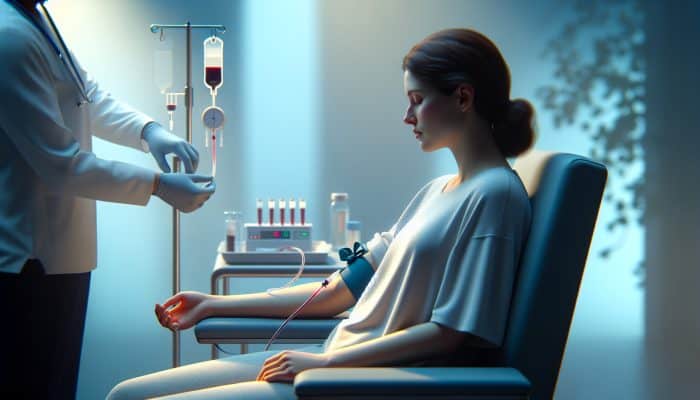 A patient calmly seated in a serene medical setting, having blood drawn for a thyroid test.